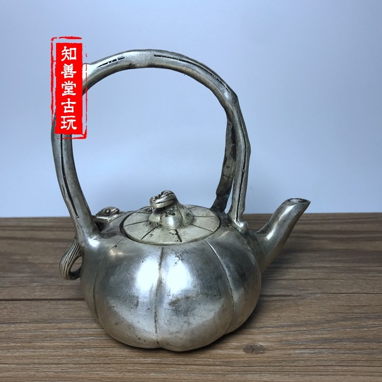 白銅鍍銀精品銅器 銅壺水壺茶壺 南瓜手提壺酒壺裝飾禮品古玩收藏-細節圖2