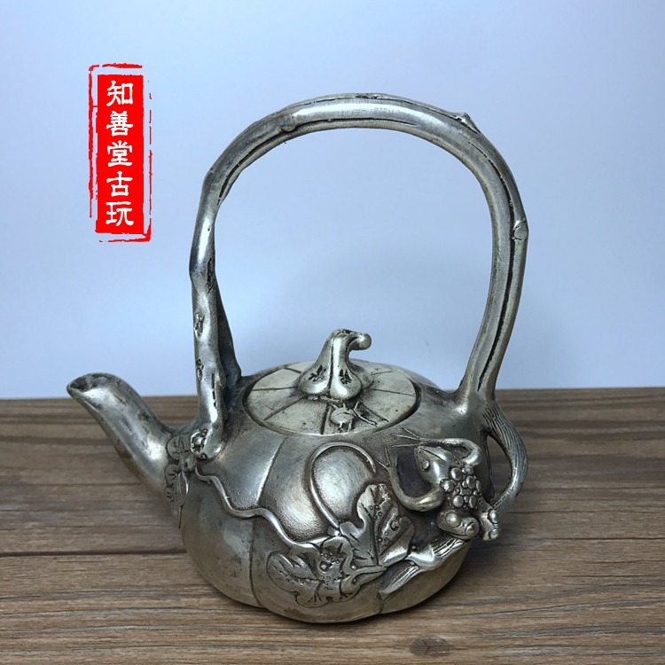 白銅鍍銀精品銅器 銅壺水壺茶壺 南瓜手提壺酒壺裝飾禮品古玩收藏-細節圖5