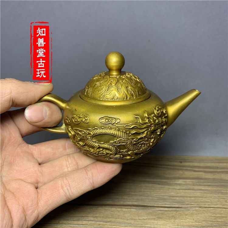古玩銅器黃銅龍鳳壺純銅酒壺水壺老銅壺乾隆年制仿古精工家居裝飾-細節圖3