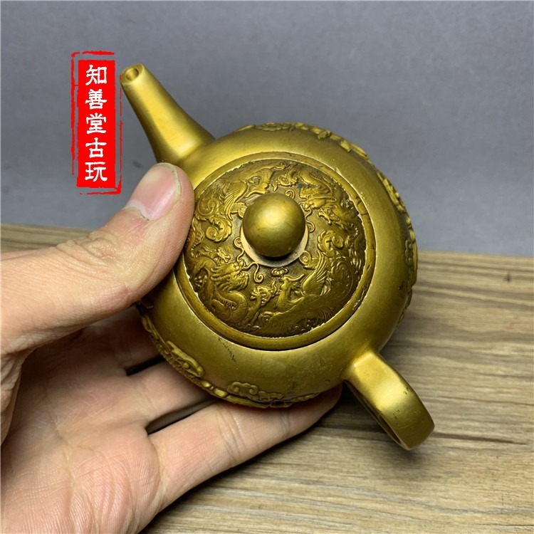古玩銅器黃銅龍鳳壺純銅酒壺水壺老銅壺乾隆年制仿古精工家居裝飾-細節圖7