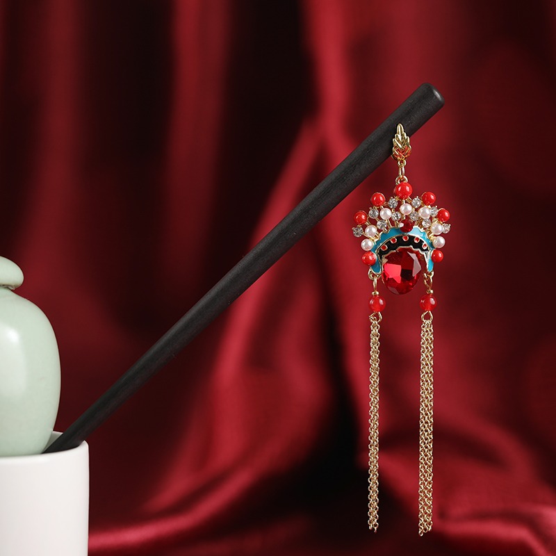 原創中國風京劇臉譜流蘇發簪女潮個性刀馬旦長款耳環氣質頭飾套裝-細節圖2