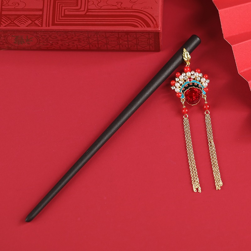 原創中國風京劇臉譜流蘇發簪女潮個性刀馬旦長款耳環氣質頭飾套裝-細節圖4