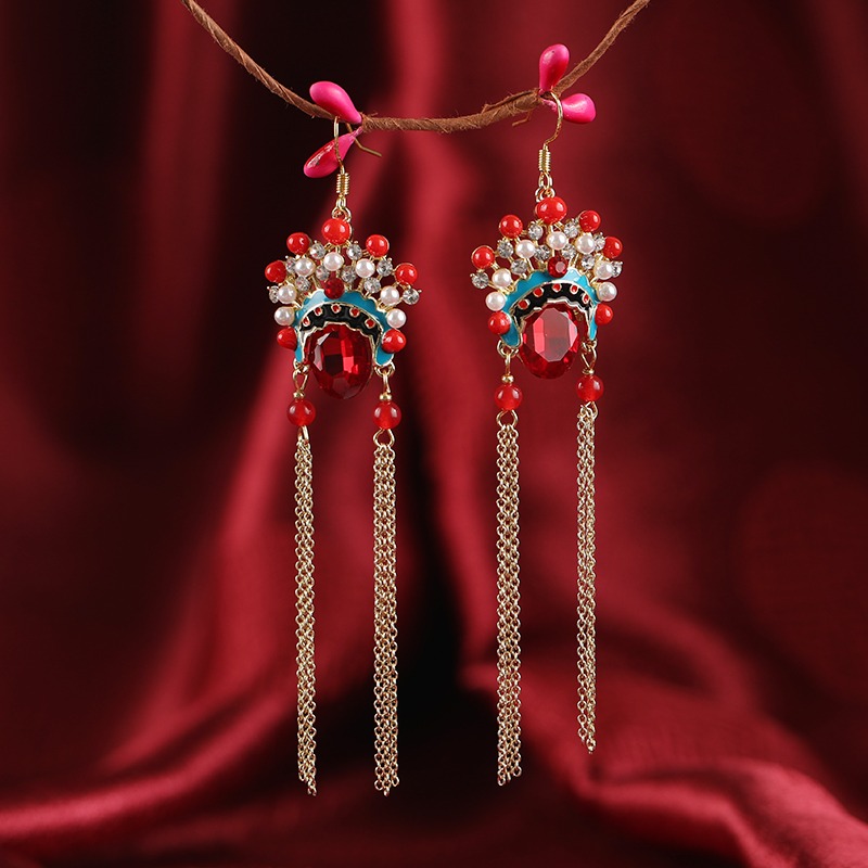 原創中國風京劇臉譜流蘇發簪女潮個性刀馬旦長款耳環氣質頭飾套裝-細節圖7