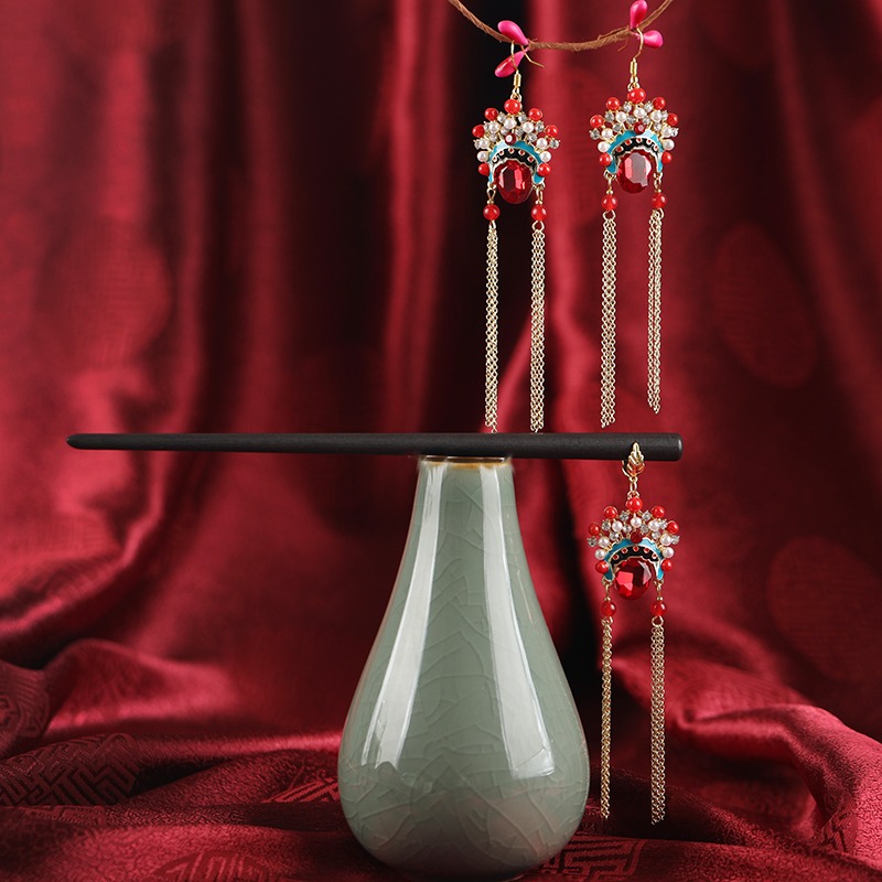 原創中國風京劇臉譜流蘇發簪女潮個性刀馬旦長款耳環氣質頭飾套裝-細節圖8