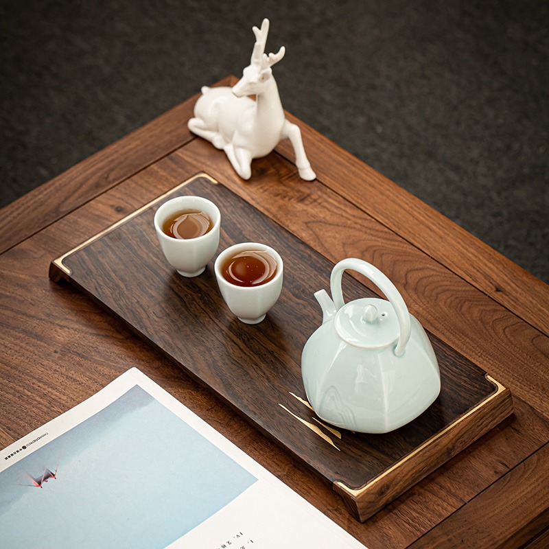 黑檀木鑲銅幹泡盤茶盤實木整塊小茶臺茶室日式簡約壺承茶承託盤-細節圖5