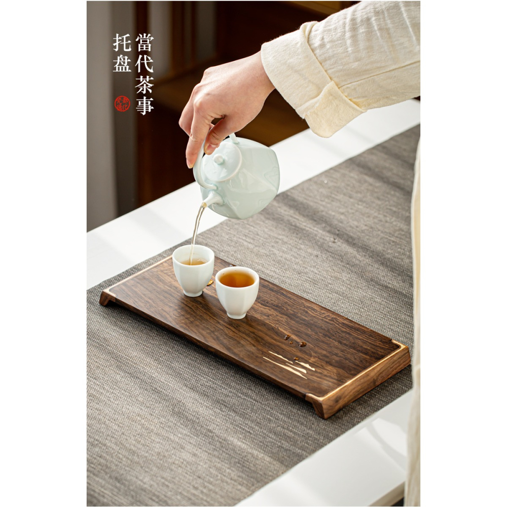 黑檀木鑲銅幹泡盤茶盤實木整塊小茶臺茶室日式簡約壺承茶承託盤-細節圖7