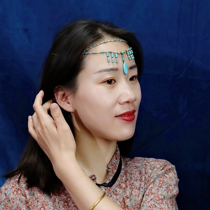 長歌行迪麗熱巴同款綠松石額飾手工額頭鏈眉心墜古風流蘇民族頭飾-細節圖4