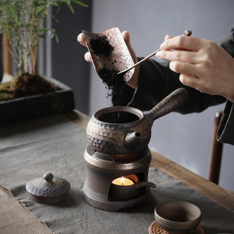 粗陶錘紋側把壺陶瓷日式蠟燭加熱茶壺套裝煮茶壺家用功夫茶壺單壺-細節圖3