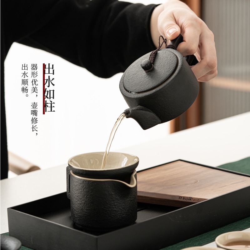 禪風黑陶茶壺單壺日式家用陶瓷帶過濾西施側把功夫泡茶壺茶杯套裝-細節圖3