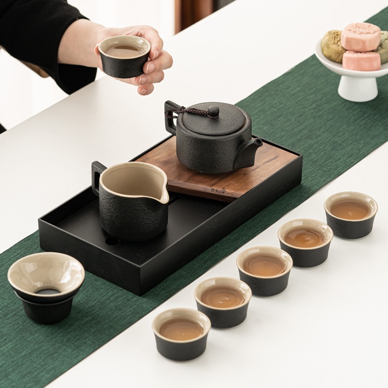 禪風黑陶茶壺單壺日式家用陶瓷帶過濾西施側把功夫泡茶壺茶杯套裝-細節圖5
