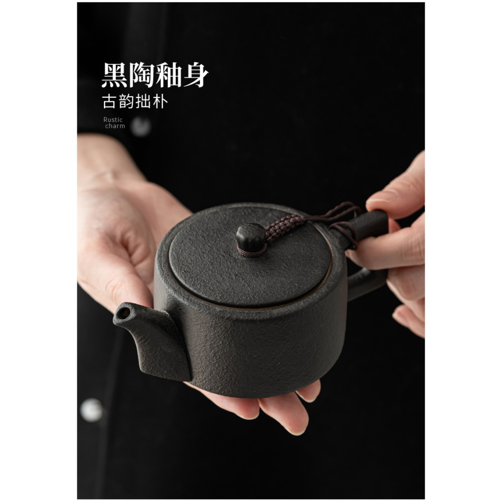 禪風黑陶茶壺單壺日式家用陶瓷帶過濾西施側把功夫泡茶壺茶杯套裝-細節圖10