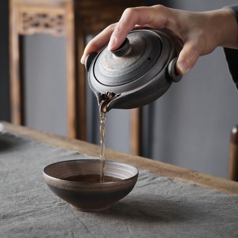粗陶鎏金快客杯一壺一杯單人便攜旅行戶外陶瓷茶具套裝日式茶壺-細節圖3