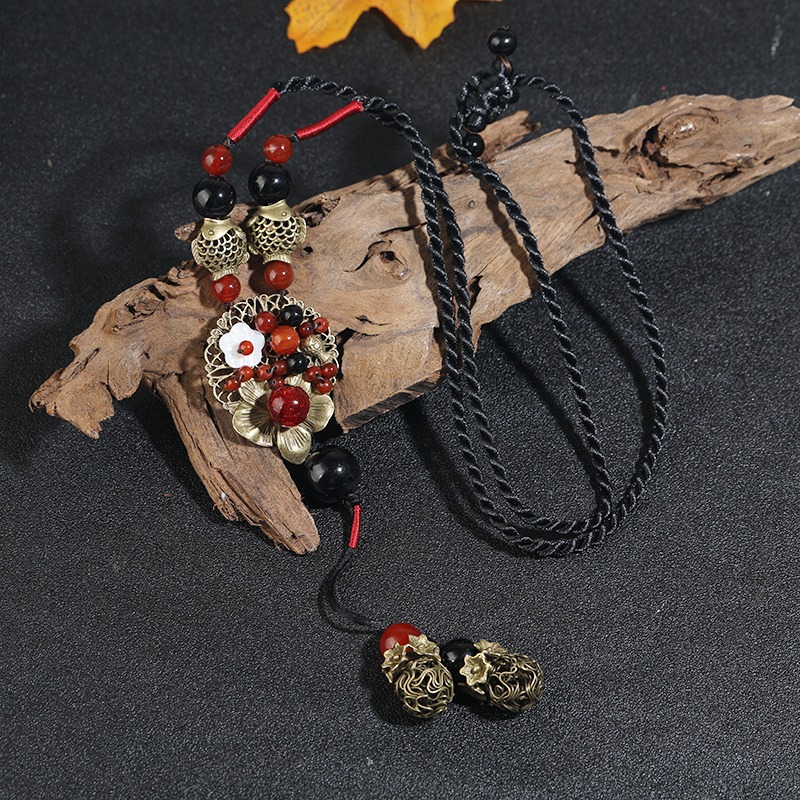 復古民族風長款紅瑪瑙項鏈女百搭流蘇吊墜掛飾氣質高檔毛衣鏈飾品-細節圖10