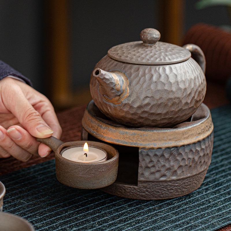 溫茶爐蠟燭復古日式茶壺加熱底座粗陶鎏金保溫功夫煮茶溫茶器套裝-細節圖3