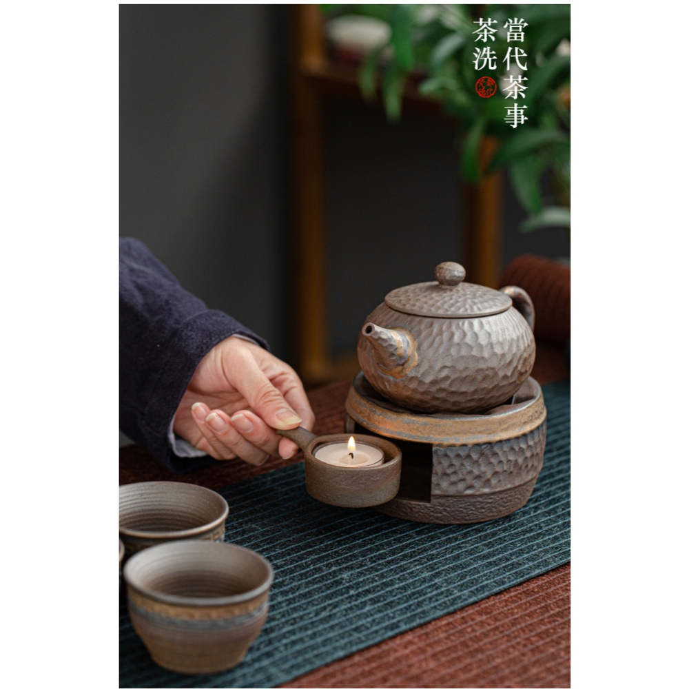 溫茶爐蠟燭復古日式茶壺加熱底座粗陶鎏金保溫功夫煮茶溫茶器套裝-細節圖7