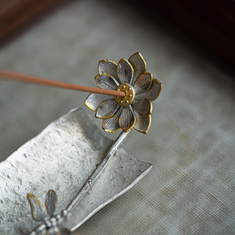 錫制香插線香爐臥香座日式禪意蓮花薰香爐香託擺件線香座茶道配件-細節圖4