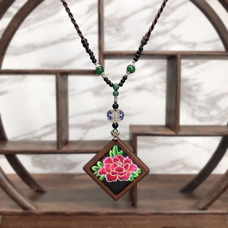 民族風復古刺繡瑪瑙項鏈女木質百搭簡約氣質毛衣鏈掛件四季配飾品-細節圖3