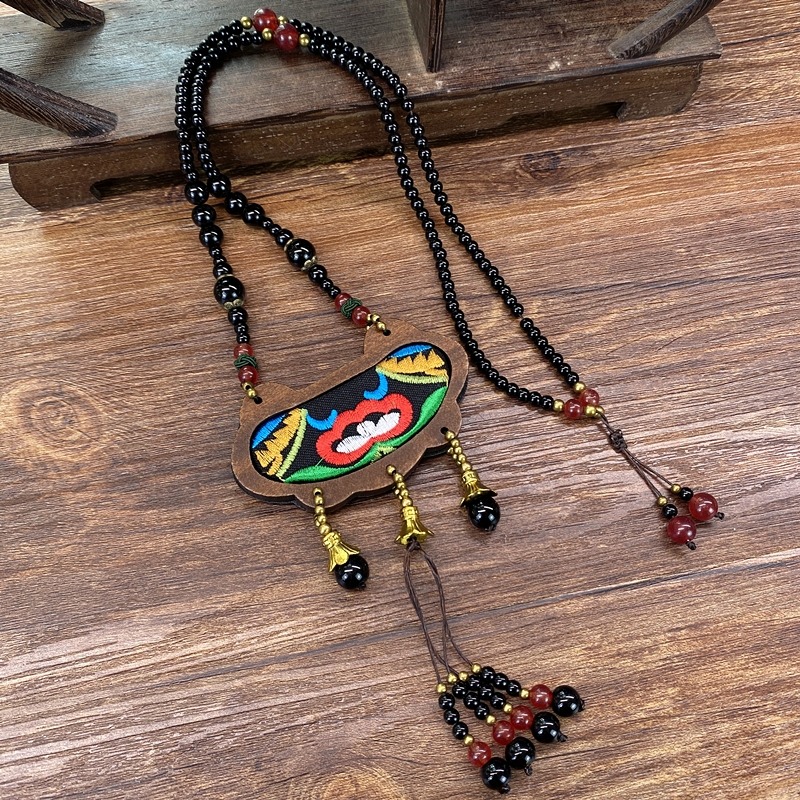 民族風復古刺繡瑪瑙項鏈女木質百搭簡約氣質毛衣鏈掛件四季配飾品-細節圖4