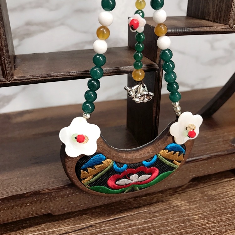 民族風復古刺繡瑪瑙項鏈女木質百搭簡約氣質毛衣鏈掛件四季配飾品-細節圖5