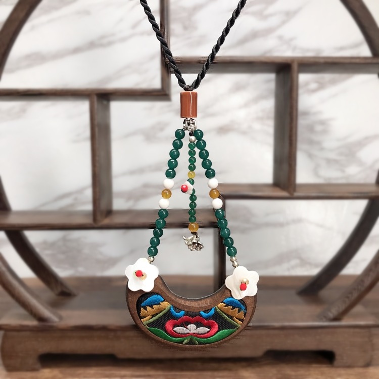 民族風復古刺繡瑪瑙項鏈女木質百搭簡約氣質毛衣鏈掛件四季配飾品-細節圖10