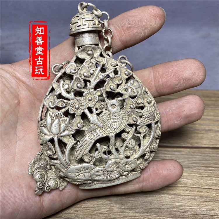 古玩雜項收藏 仿古鏤空銀香囊透雕松鶴延年鼻煙壺掛件 裝飾品-細節圖3