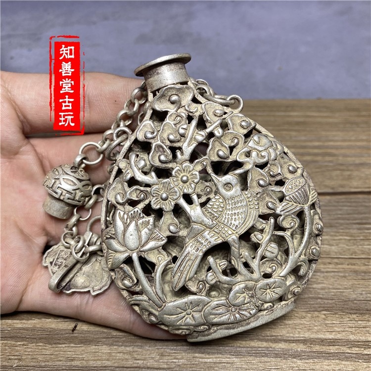古玩雜項收藏 仿古鏤空銀香囊透雕松鶴延年鼻煙壺掛件 裝飾品-細節圖5