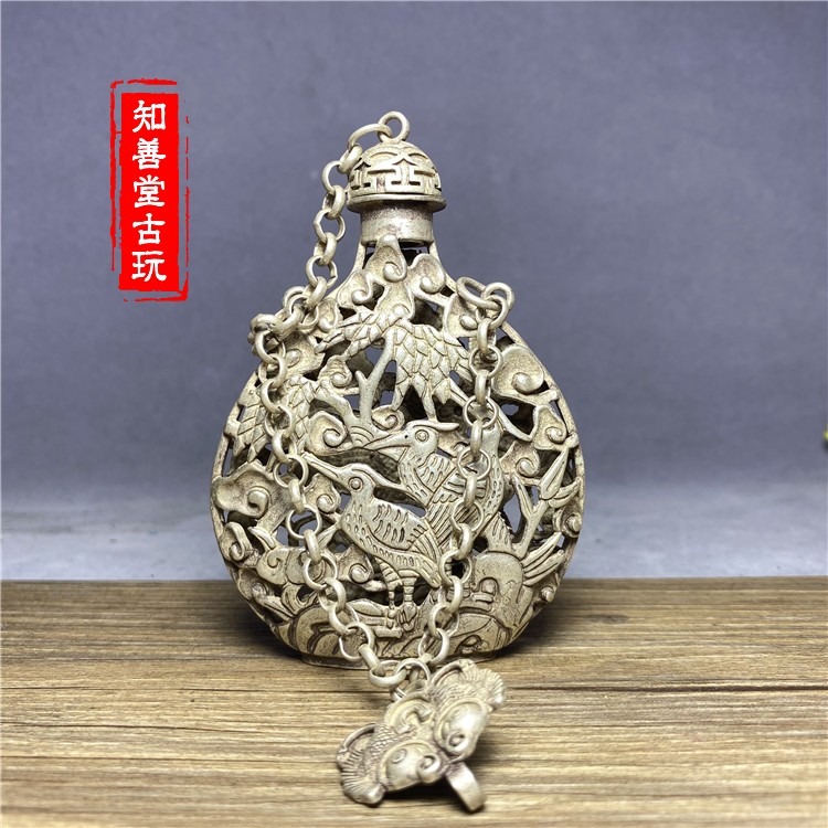 古玩雜項收藏 仿古鏤空銀香囊透雕松鶴延年鼻煙壺掛件 裝飾品-細節圖6