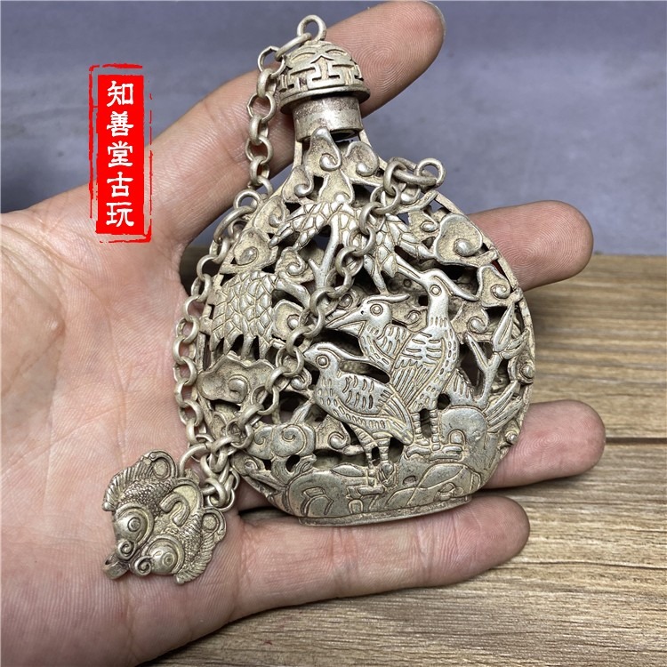 古玩雜項收藏 仿古鏤空銀香囊透雕松鶴延年鼻煙壺掛件 裝飾品-細節圖7