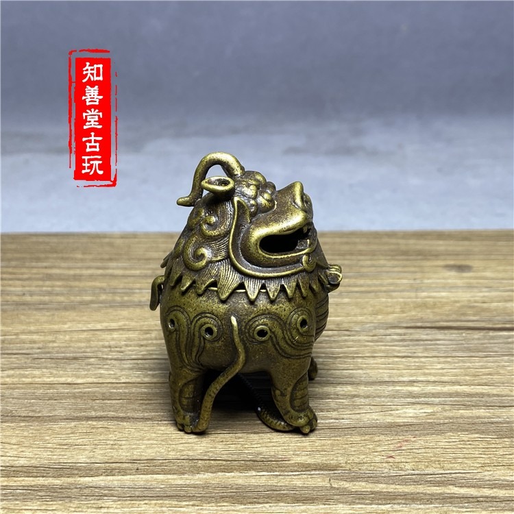 銅神獸甪端小香爐擺件 黃銅神獸帶蓋子銅香爐迷你薰香爐-細節圖3