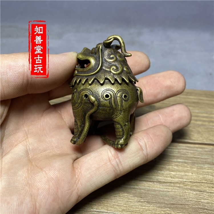 銅神獸甪端小香爐擺件 黃銅神獸帶蓋子銅香爐迷你薰香爐-細節圖4