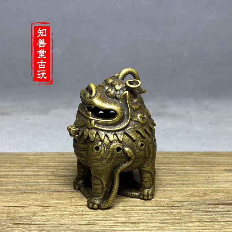 銅神獸甪端小香爐擺件 黃銅神獸帶蓋子銅香爐迷你薰香爐-細節圖6