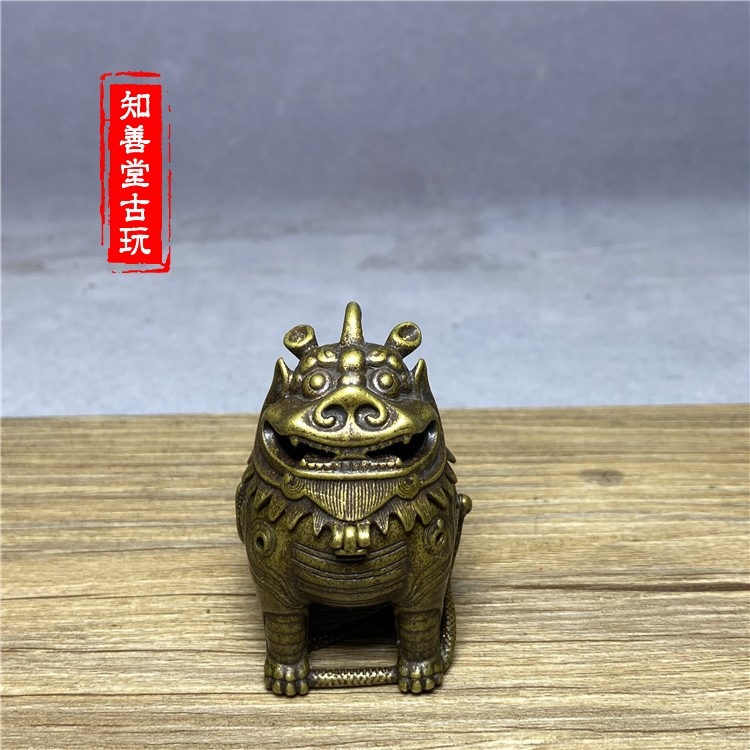 銅神獸甪端小香爐擺件 黃銅神獸帶蓋子銅香爐迷你薰香爐-細節圖7
