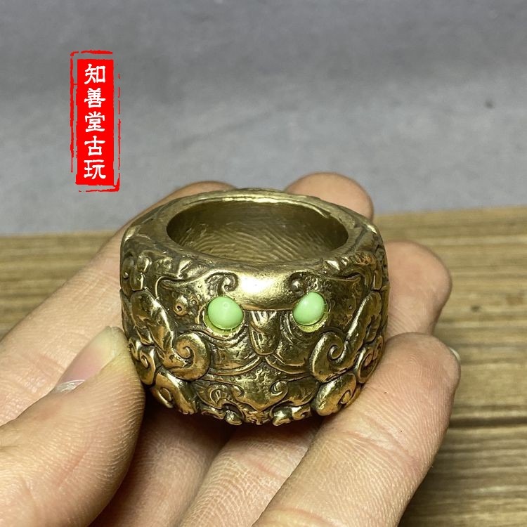 古玩實心銅扳指大拇指黃銅嵌玉珠把玩宮廷民俗銅箍拇指銅指環-細節圖3