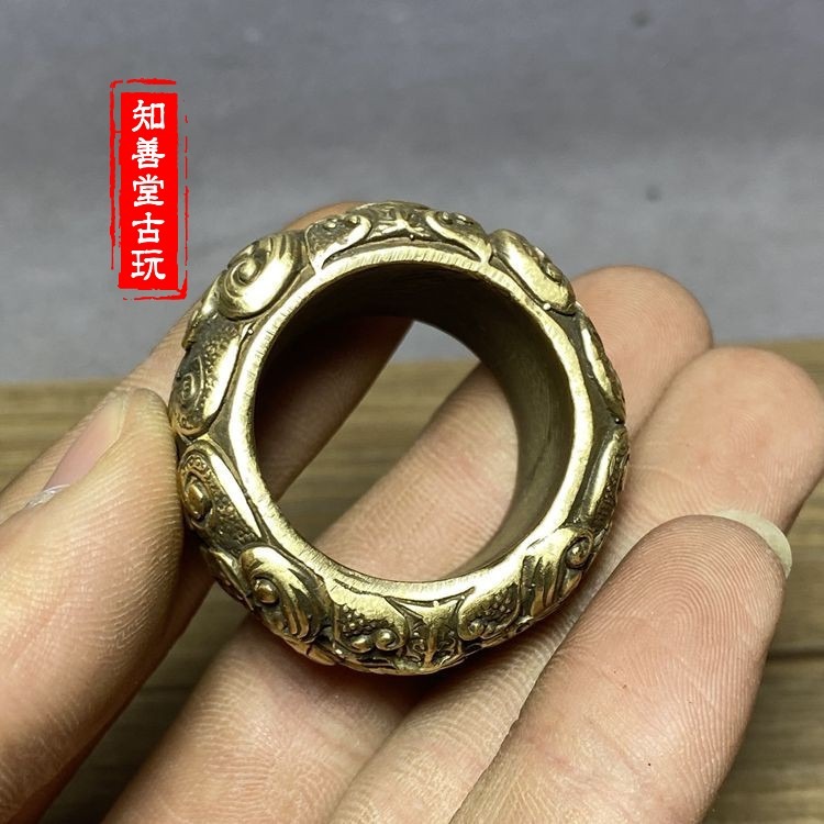 古玩實心銅扳指大拇指黃銅嵌玉珠把玩宮廷民俗銅箍拇指銅指環-細節圖4