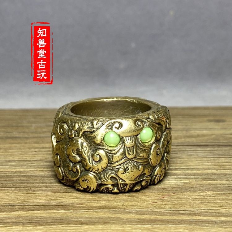 古玩實心銅扳指大拇指黃銅嵌玉珠把玩宮廷民俗銅箍拇指銅指環-細節圖6