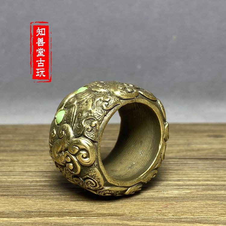 古玩實心銅扳指大拇指黃銅嵌玉珠把玩宮廷民俗銅箍拇指銅指環-細節圖7