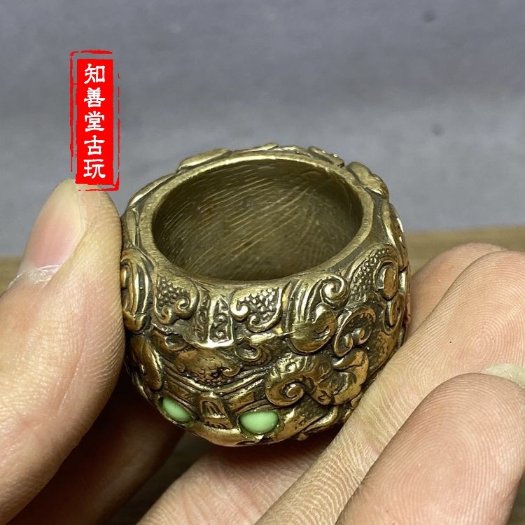 古玩實心銅扳指大拇指黃銅嵌玉珠把玩宮廷民俗銅箍拇指銅指環-細節圖10