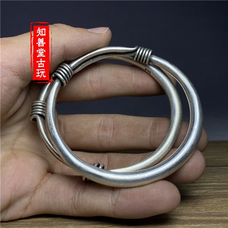 古玩收藏老銀手鐲素面民族風銀飾尼泊爾S925銀推拉鐲子女款老物件-細節圖2
