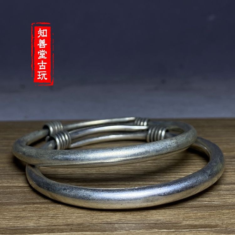 古玩收藏老銀手鐲素面民族風銀飾尼泊爾S925銀推拉鐲子女款老物件-細節圖6