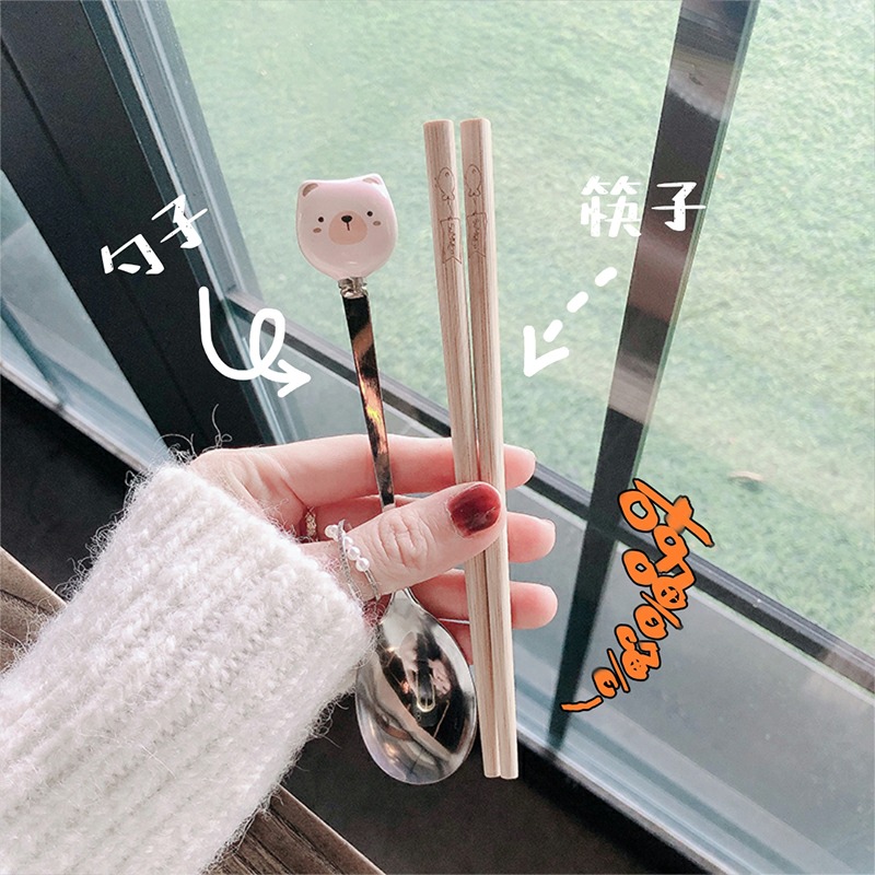 木質筷子不銹鋼勺子餐具兩件套裝可愛創意便攜學生外帶收納餐具盒-細節圖3