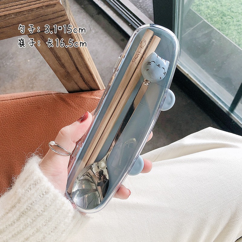 木質筷子不銹鋼勺子餐具兩件套裝可愛創意便攜學生外帶收納餐具盒-細節圖7