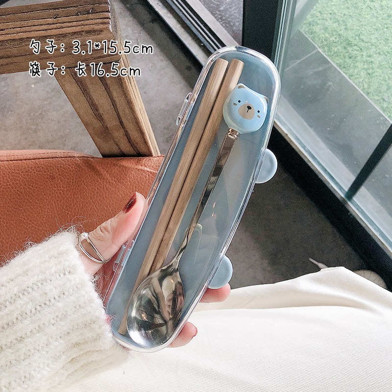 木質筷子不銹鋼勺子餐具兩件套裝可愛創意便攜學生外帶收納餐具盒-細節圖8