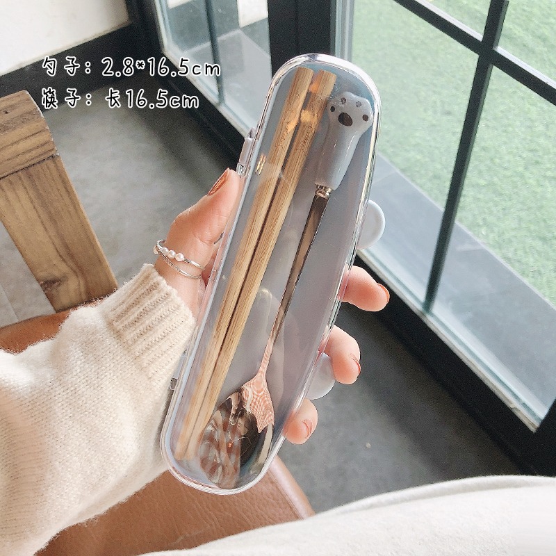 木質筷子不銹鋼勺子餐具兩件套裝可愛創意便攜學生外帶收納餐具盒-細節圖9