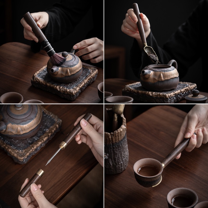 粗陶鎏金家用茶具配件手工復古純銅六君子茶夾茶刀茶勺子茶夾刷子-細節圖4