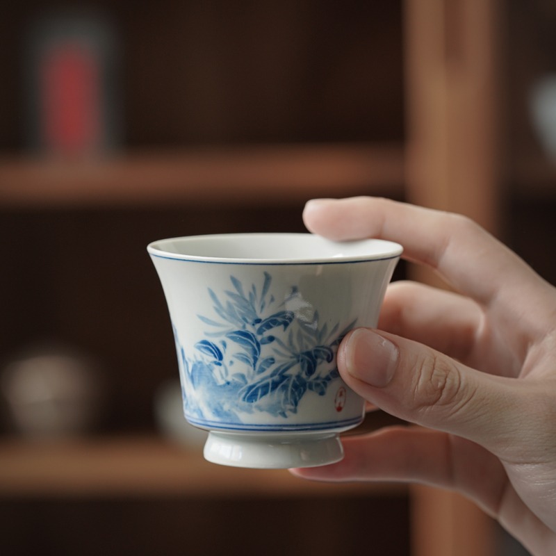手繪青花高足杯功夫茶杯單個個人專用主人品茗杯日式復古茶盞茶碗-細節圖3