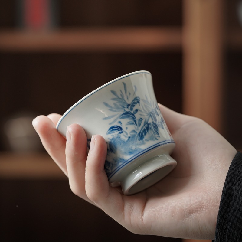 手繪青花高足杯功夫茶杯單個個人專用主人品茗杯日式復古茶盞茶碗-細節圖4