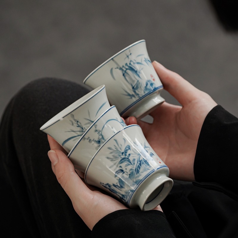 手繪青花高足杯功夫茶杯單個個人專用主人品茗杯日式復古茶盞茶碗-細節圖5