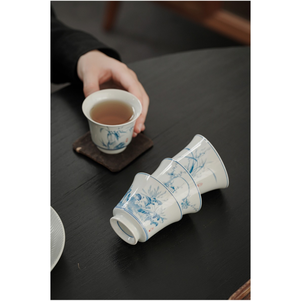 手繪青花高足杯功夫茶杯單個個人專用主人品茗杯日式復古茶盞茶碗-細節圖8