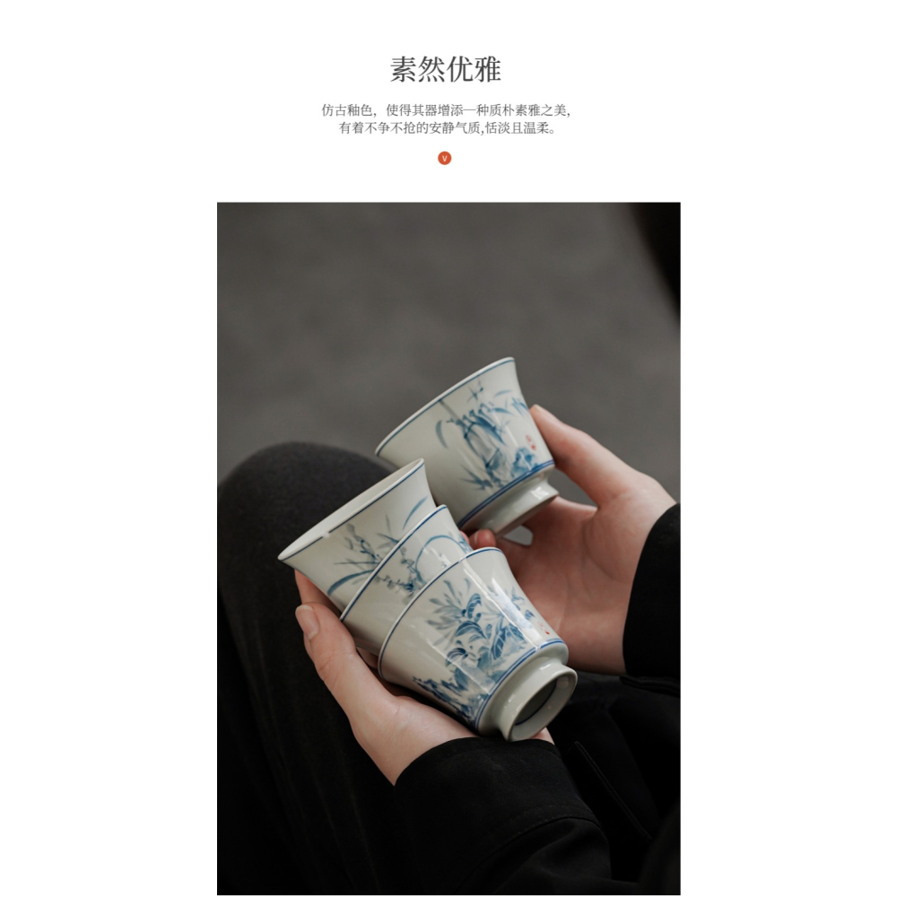 手繪青花高足杯功夫茶杯單個個人專用主人品茗杯日式復古茶盞茶碗-細節圖9