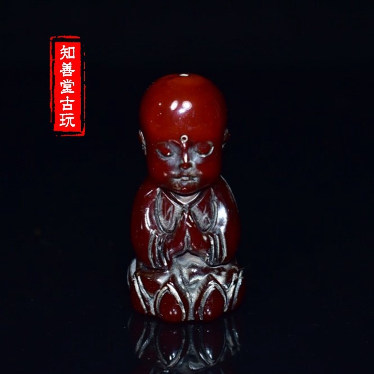 舊藏牛角掛墜手把件雕刻掛件天然實心小和尚寶寶角雕男士隨身-細節圖6